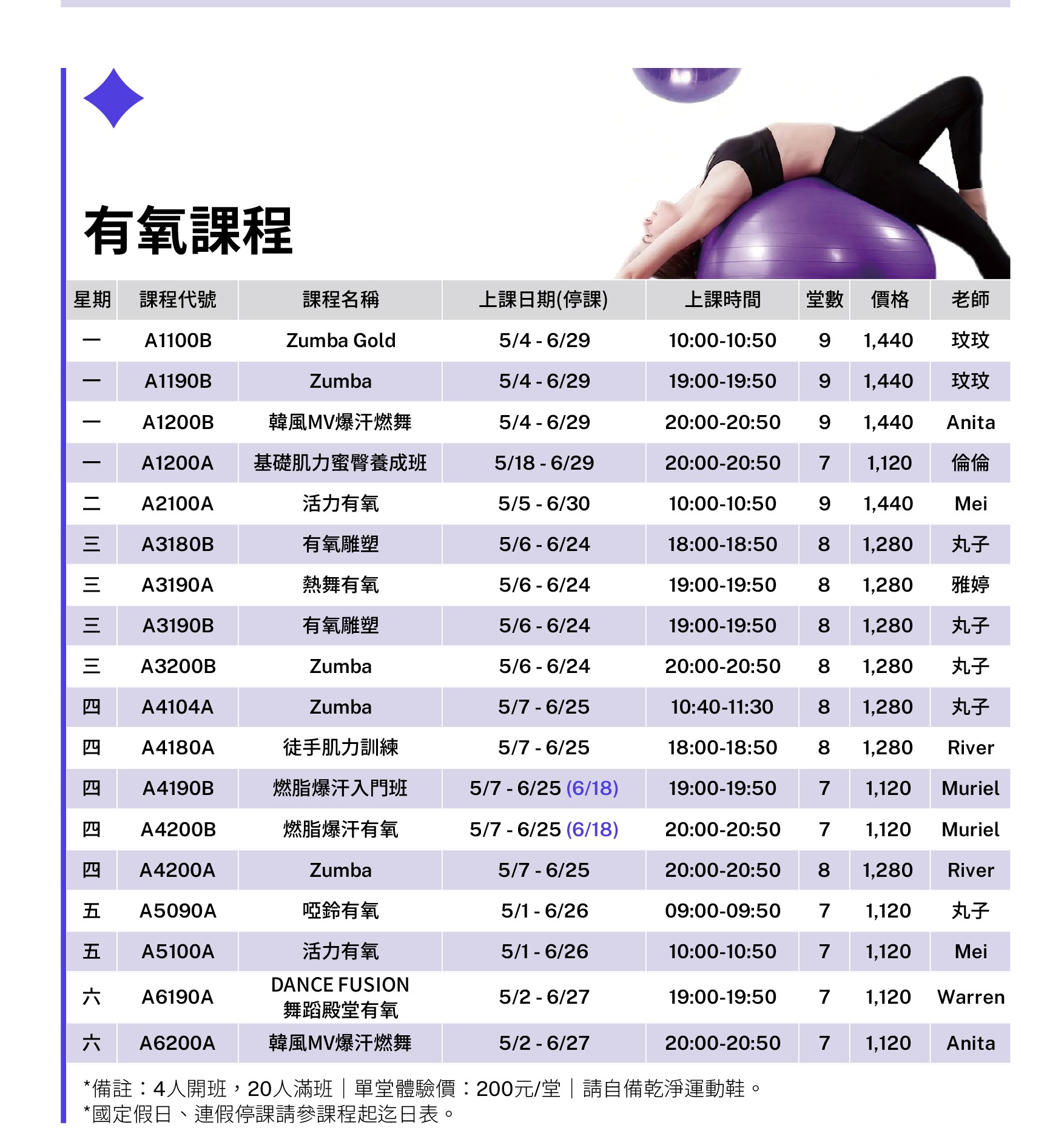 2026台中沙鹿兒運健身房團課有氧課程課表