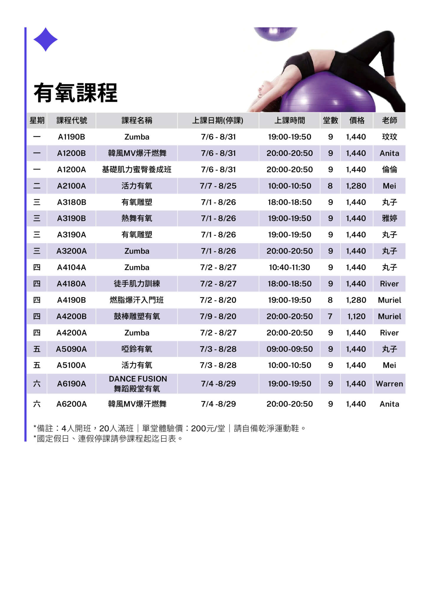 2026台中沙鹿兒運健身房團課有氧課程課表