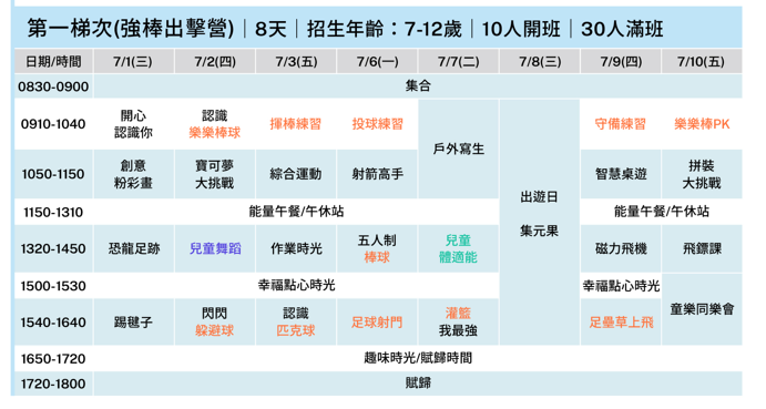 2026沙鹿夏令營第一梯次樂樂棒營課表