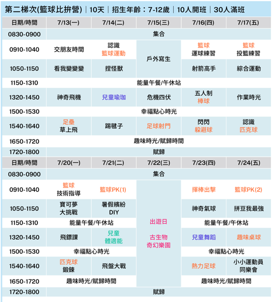 2026沙鹿夏令營第二梯次籃球課表